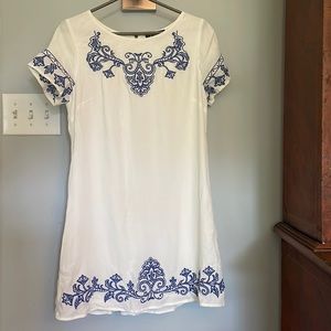 Lulus Tale to Tell Blue and Ivory Embroidered Shift Dress